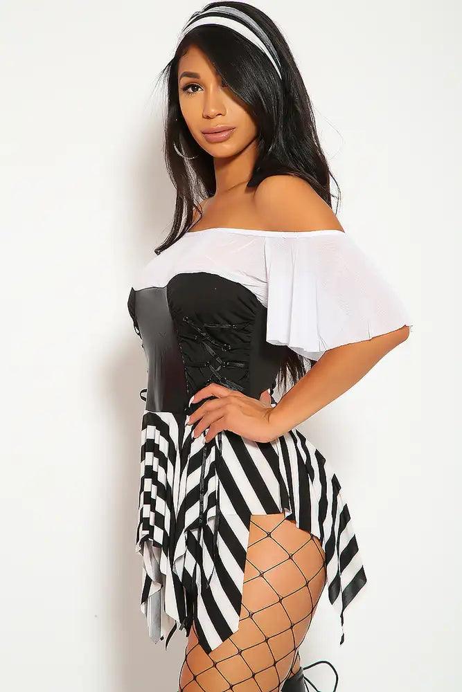 Cute White Black Pirates Costume Three Piece Corset Bustier Dress Thong Wrap Headband Semi Fitted