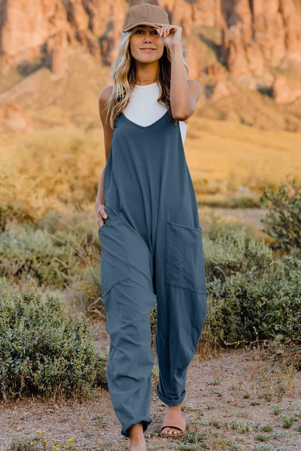 Double Take Full Size V-Neck Sleeveless Jumpsuit with Pockets - Babewear