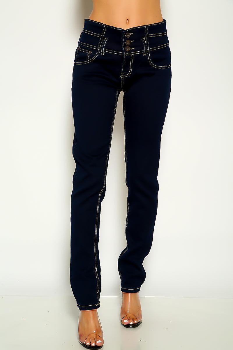 Dark Blue Denim Triple Button Mid Rise Skinny Jeans