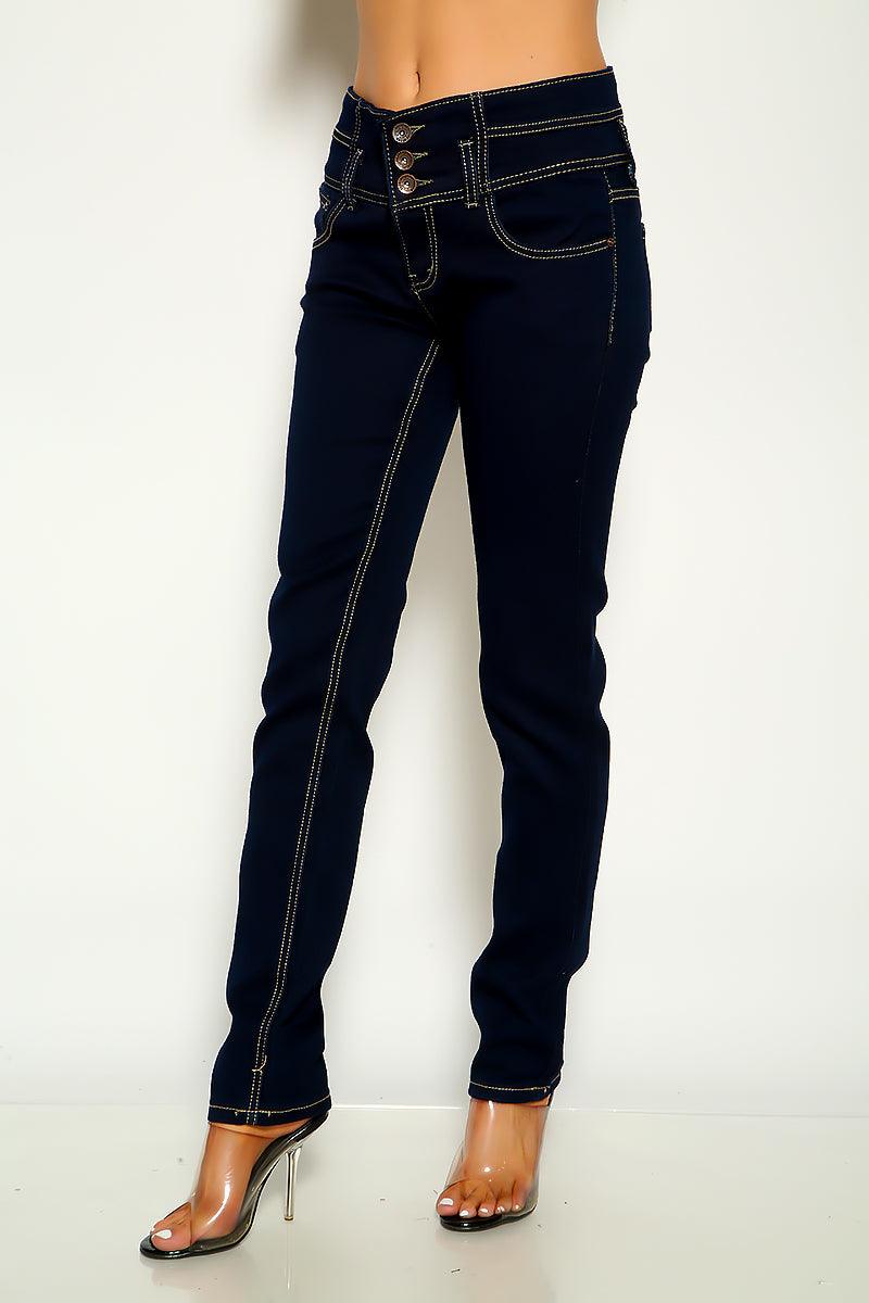 Dark Blue Denim Triple Button Mid Rise Skinny Jeans