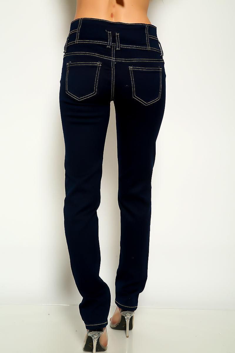 Dark Blue Denim Triple Button Mid Rise Skinny Jeans