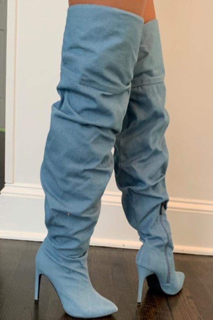 Denim Ruched Pointy Toe Thigh High Boots