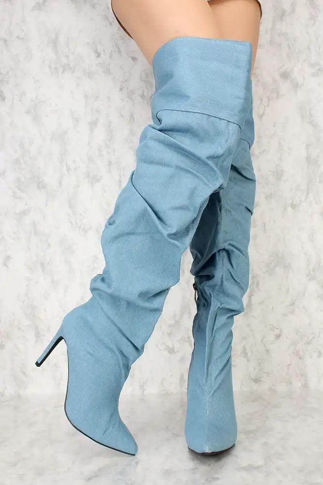 Denim Ruched Pointy Toe Thigh High Boots - Babewear