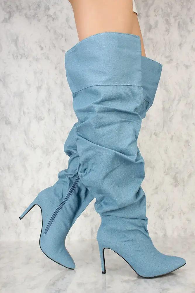 Denim Ruched Pointy Toe Thigh High Boots