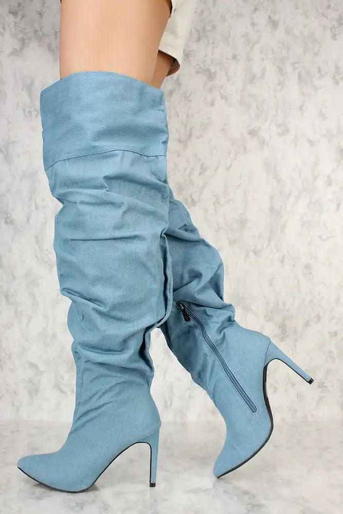 Denim Ruched Pointy Toe Thigh High Boots