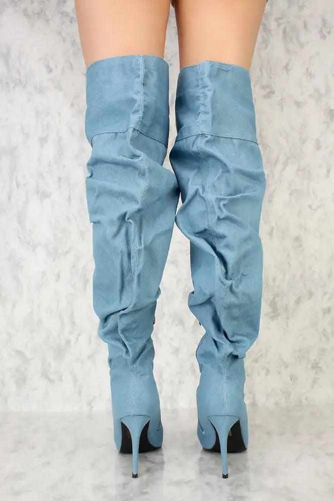 Denim Ruched Pointy Toe Thigh High Boots