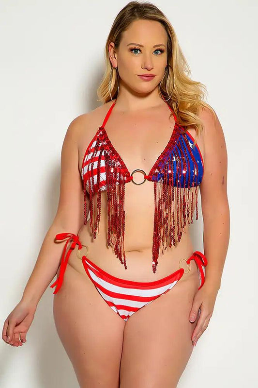 Flag Red Sequin Fringe O-Ring Plus Size Two Piece Swimsuit - Babewear