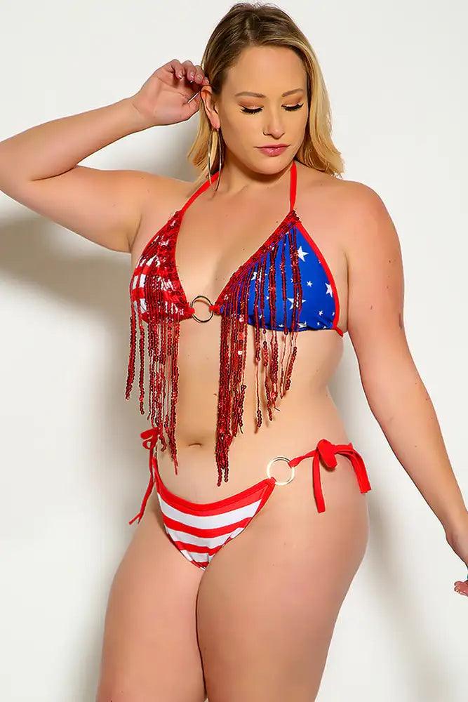 Flag Red Sequin Fringe O-Ring Plus Size Two Piece Swimsuit