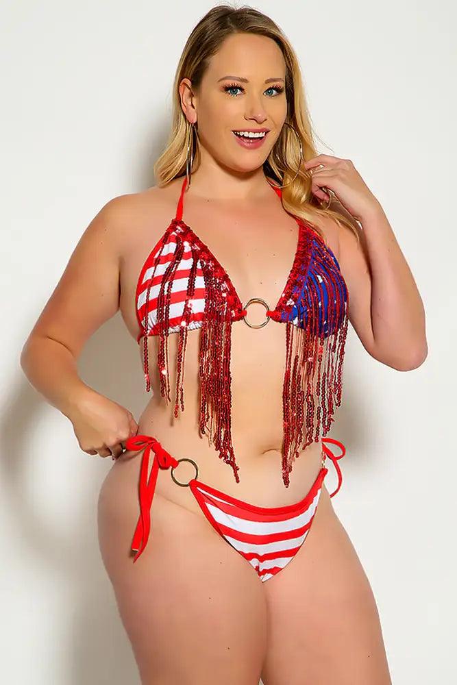 Flag Red Sequin Fringe O-Ring Plus Size Two Piece Swimsuit