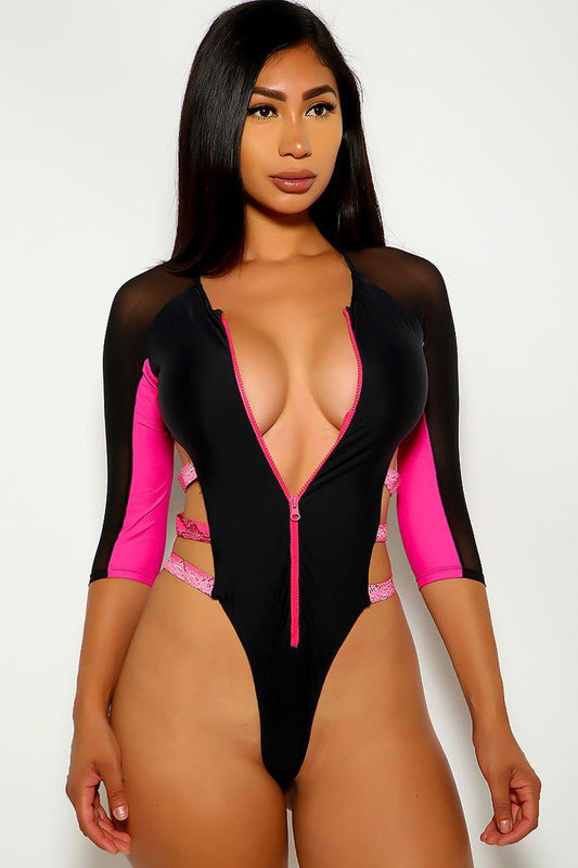 Fuchsia Black Mesh One Piece Swimsuit