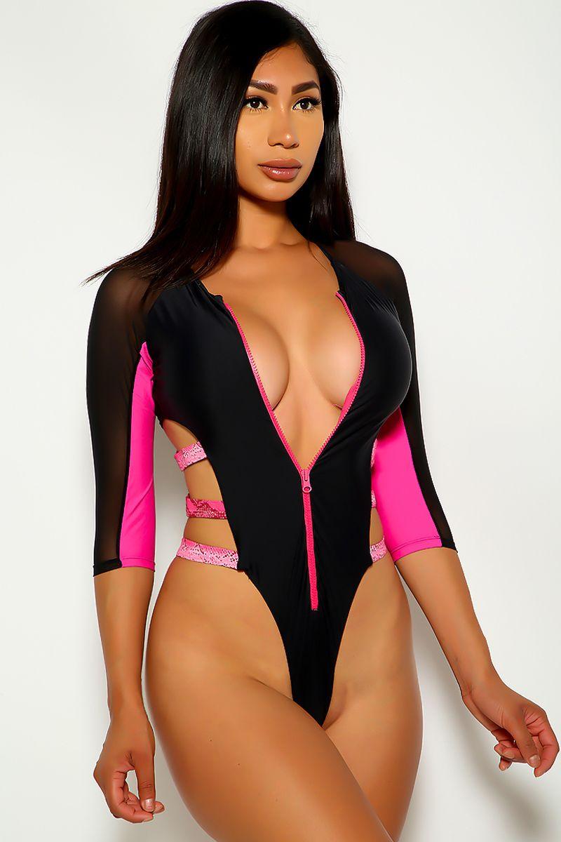 Fuchsia Black Mesh One Piece Swimsuit