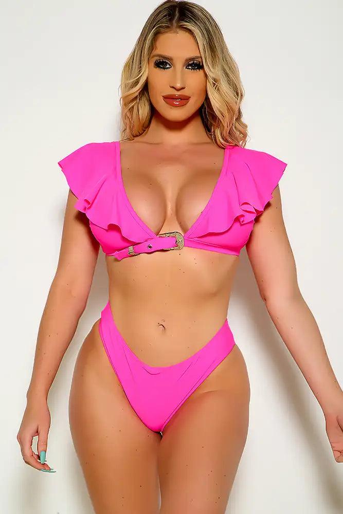 Fuchsia Black Ruffled Belted Two Piece Bikini - Babewear