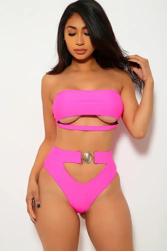 Fuchsia Cut Out Padded Two Piece Swimsuit - Babewear