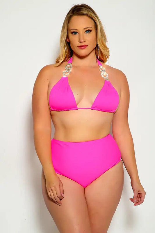 Fuchsia Halter Rhinestone Detail High Waist Plus Size Two Piece Swimsuit - Babewear