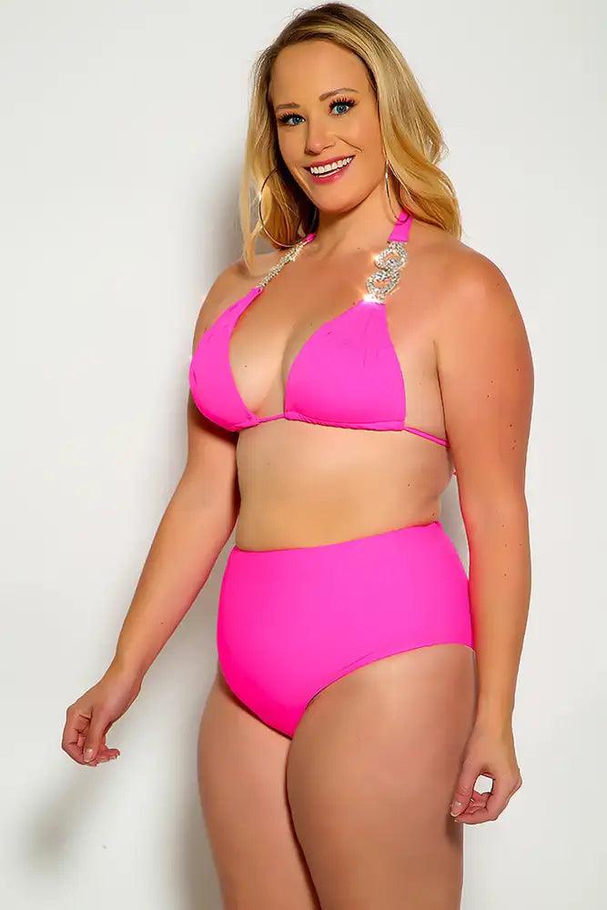 Fuchsia Halter Rhinestone Detail High Waist Plus Size Two Piece Swimsuit