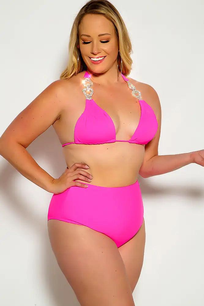 Fuchsia Halter Rhinestone Detail High Waist Plus Size Two Piece Swimsuit