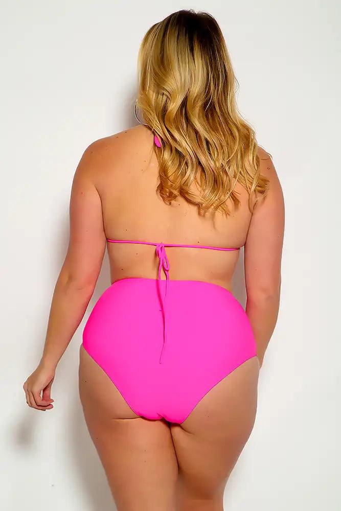 Fuchsia Halter Rhinestone Detail High Waist Plus Size Two Piece Swimsuit