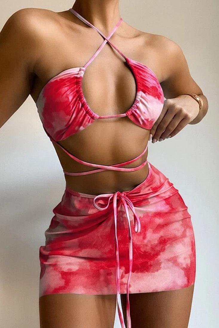 Fuchsia Printed Strappy Three Piece Sexy Swimsuit