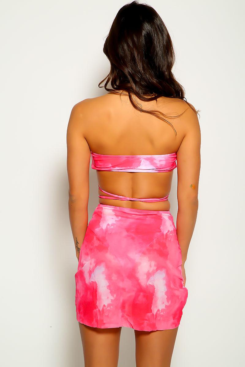 Fuchsia Printed Strappy Three Piece Sexy Swimsuit