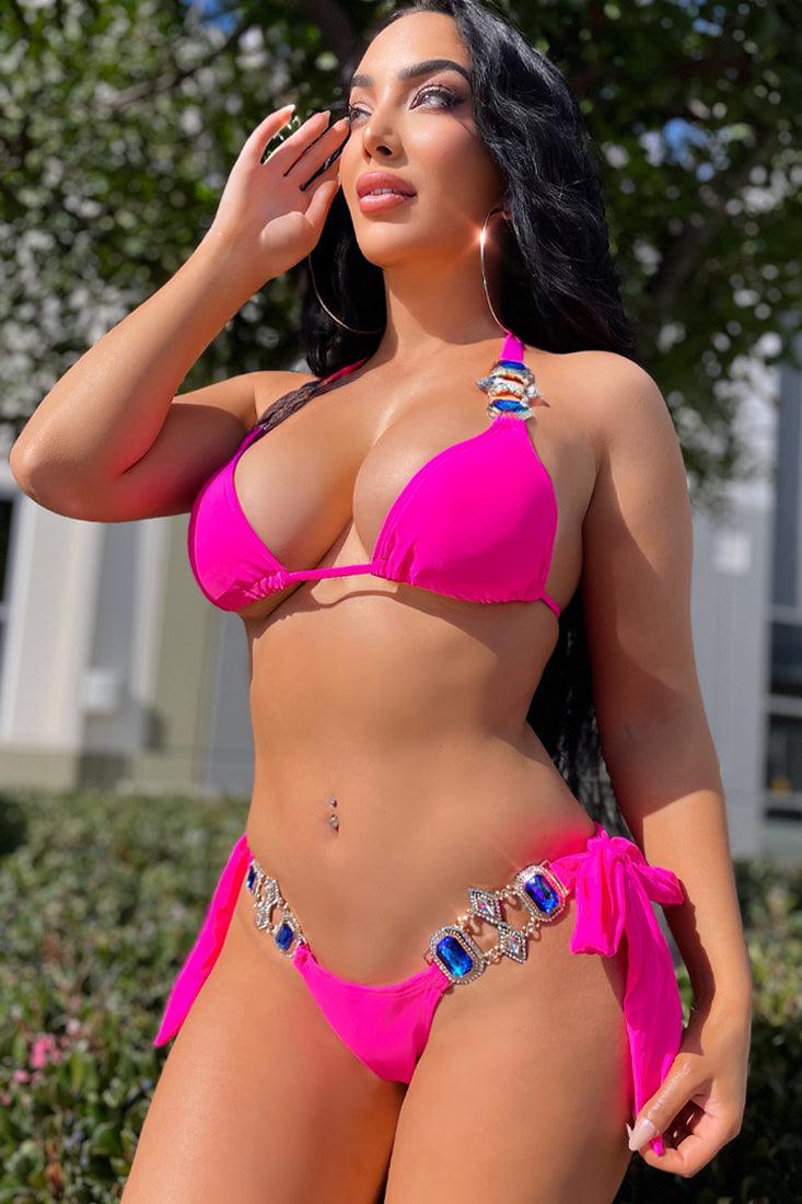 Fuchsia Rhinestone Accent Two Piece Swimsuit