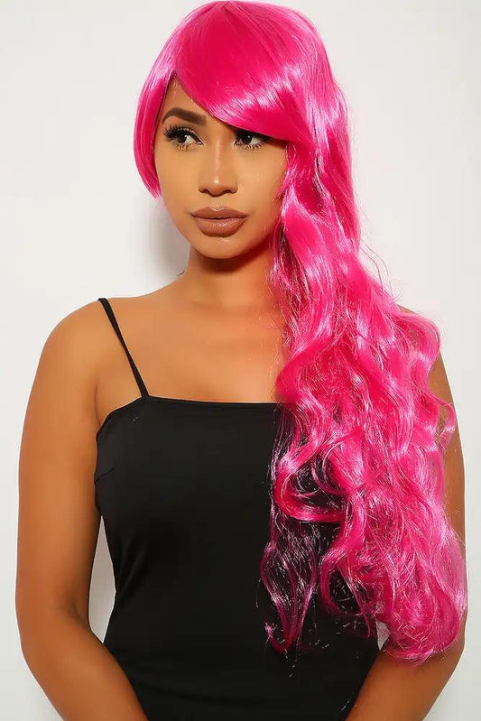 Fuchsia Wavy Bangs Long Costume Wig - Babewear