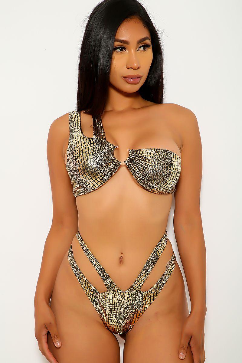 Gold Black Metallic Two Piece Swimsuit