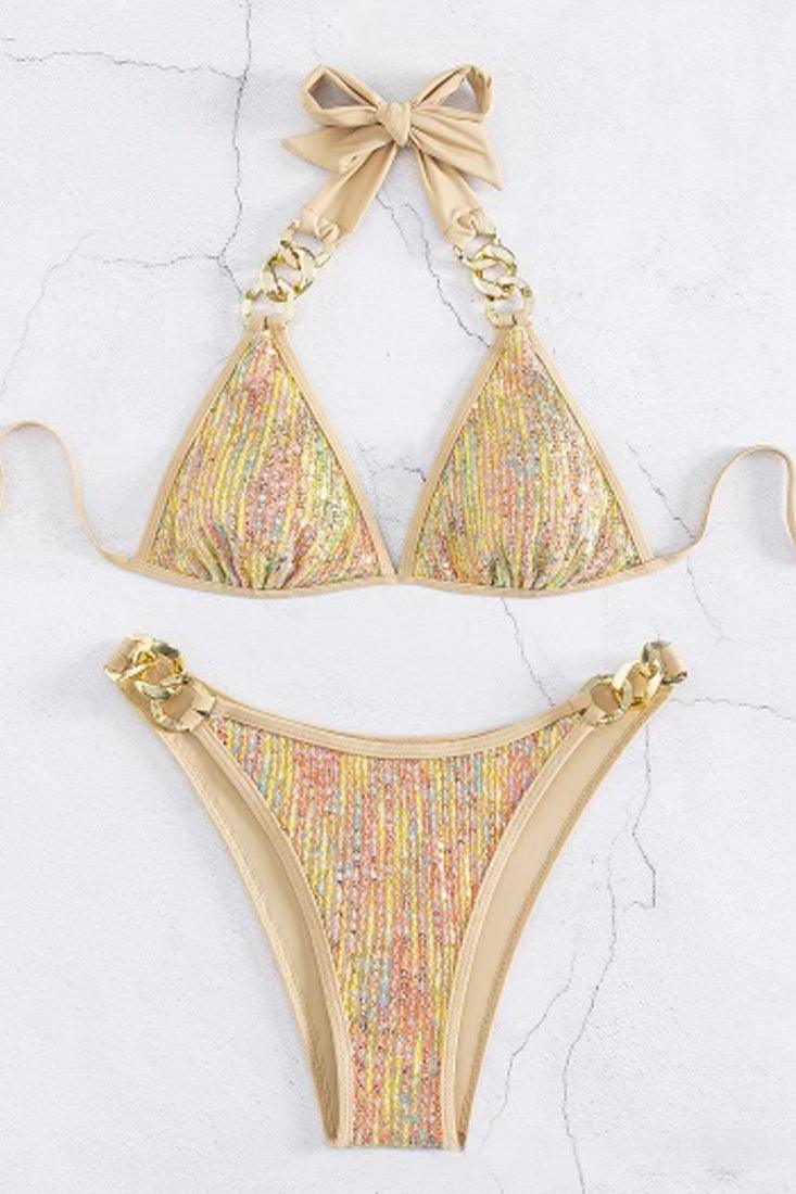 Gold Multi Sequin Gold Twisted Chain 2Pc Sexy Swimsuit Set Bikini