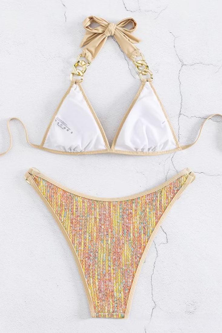 Gold Multi Sequin Gold Twisted Chain 2Pc Sexy Swimsuit Set Bikini