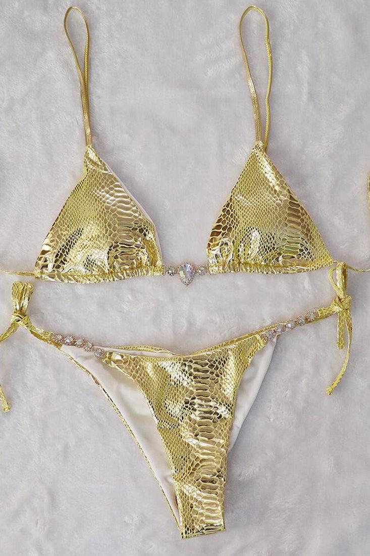 Gold Snake Rhinestone Strappy Halter Cheeky 2 Pc Swimsuit