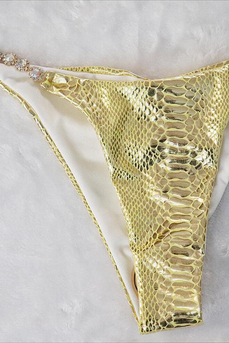 Gold Snake Rhinestone Strappy Halter Cheeky 2 Pc Swimsuit