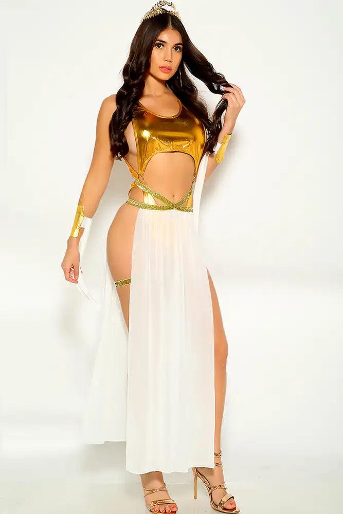 Gold White Cut Out Sexy Goddess 4 Piece Costume