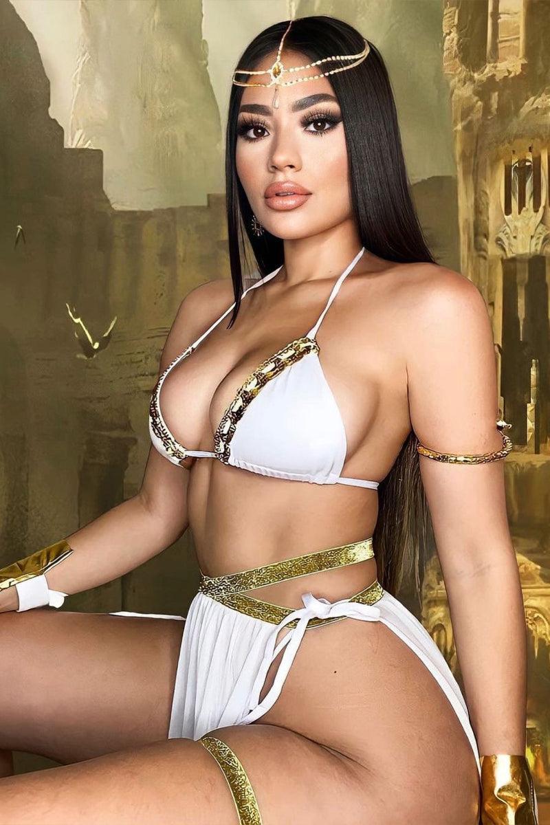 Gold White Strappy Sequin Sexy Goddess 5 Piece Costume