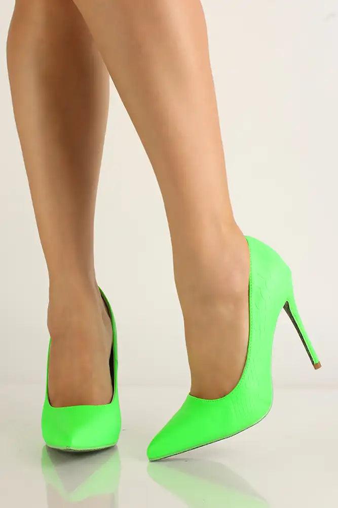 Green Croc Material Pointy Toe High Heel Pumps - Babewear