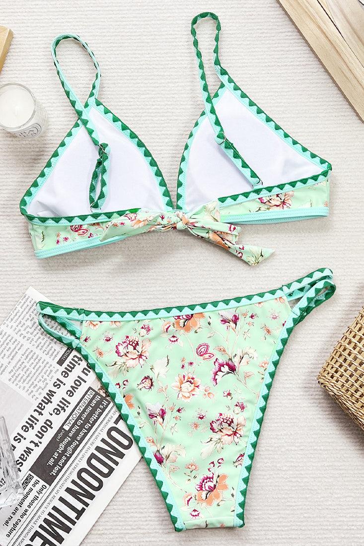 Green Floral Strappy High Waist Cheeky 2Pc Sexy Swimsuit