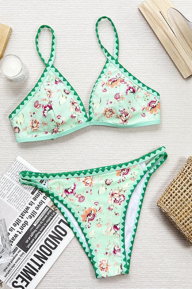 Green Floral Strappy High Waist Cheeky 2Pc Sexy Swimsuit