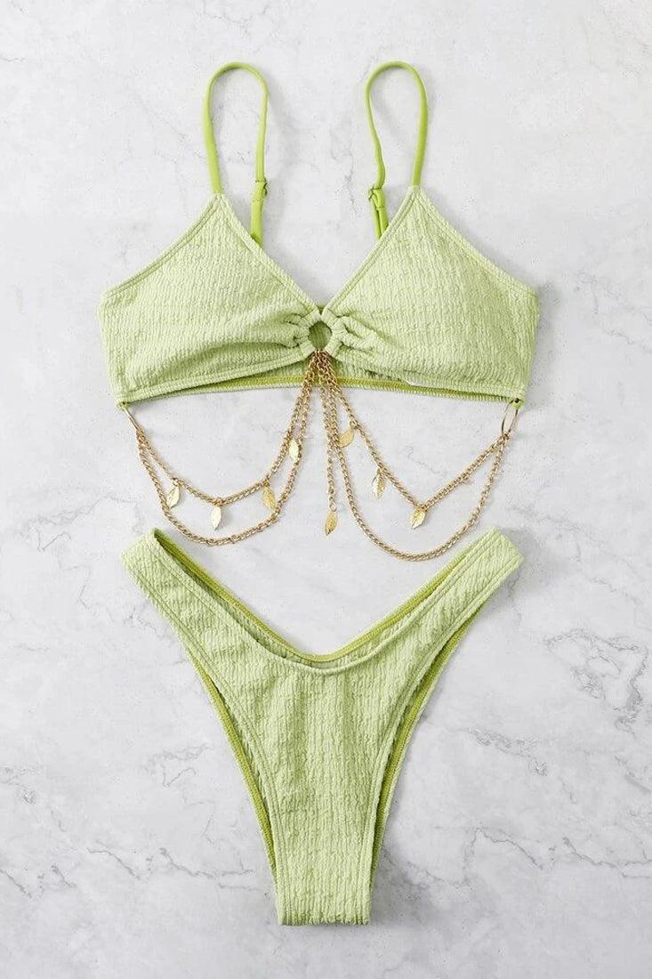 Green Gold Leaf Chain Ultra Cheeky 2Pc Bikini Swimsuit Set