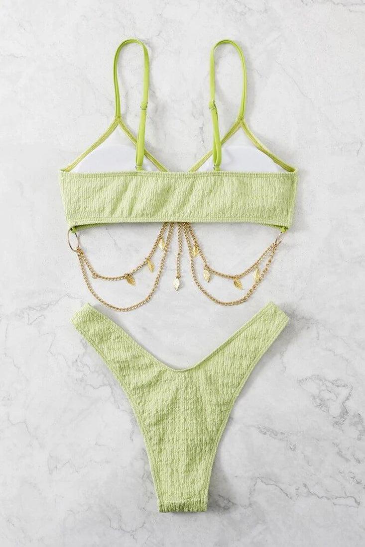 Green Gold Leaf Chain Ultra Cheeky 2Pc Bikini Swimsuit Set