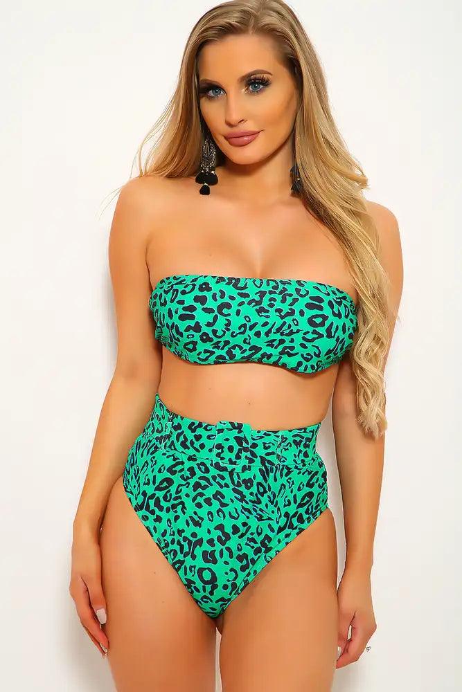 Green Leopard Print Strapless Two Piece Swimsuit - Babewear