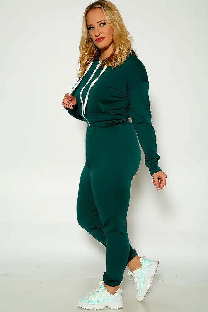 Green Long Sleeve Hooded Plus Size Two Piece Outfit