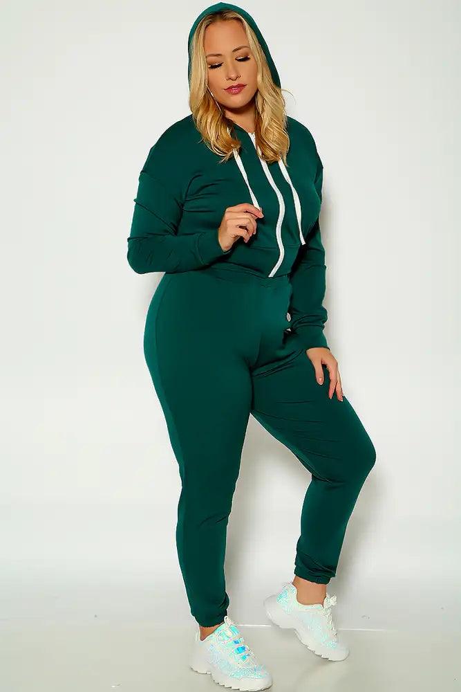 Green Long Sleeve Hooded Plus Size Two Piece Outfit