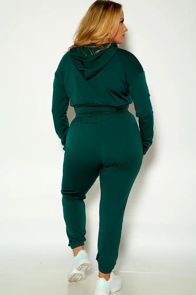 Green Long Sleeve Hooded Plus Size Two Piece Outfit