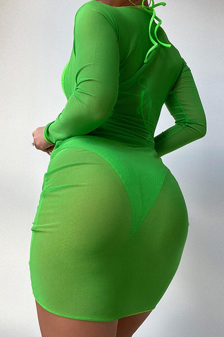 Green Mesh Long Sleeve Three Piece Swimsuit