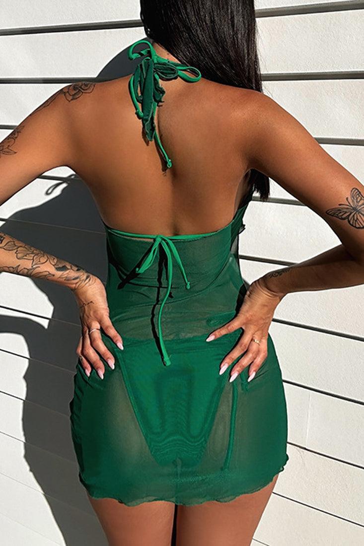 Green Mesh Ring Cut Out Swimsuit Cover-Up Dress