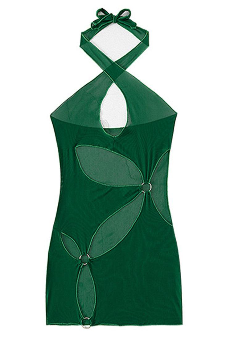 Green Mesh Ring Cut Out Swimsuit Cover-Up Dress