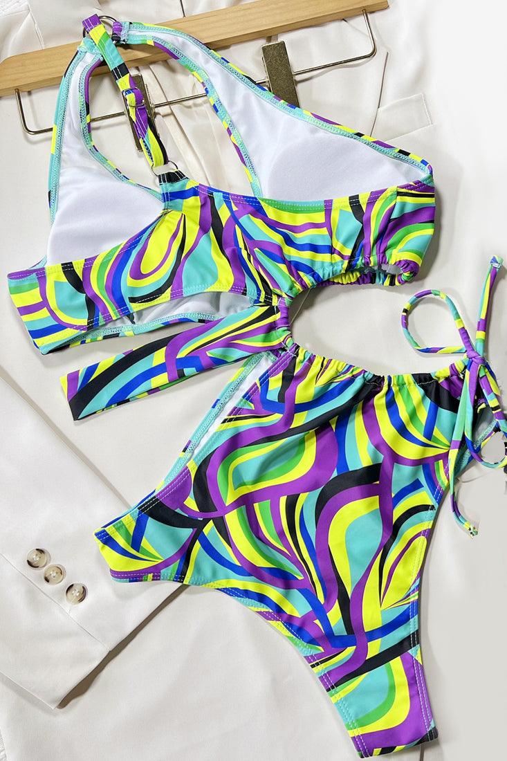 Green Purple Cut Out Asymmetrical 1 Pc Swimsuit Monokini