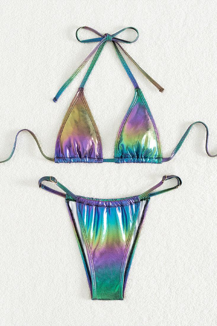 Green Purple Metallic Mermaid Triangle Cheeky Sexy 2Pc Bikini Swimsuit Set