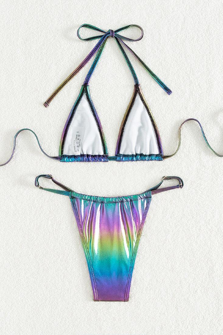 Green Purple Metallic Mermaid Triangle Cheeky Sexy 2Pc Bikini Swimsuit Set