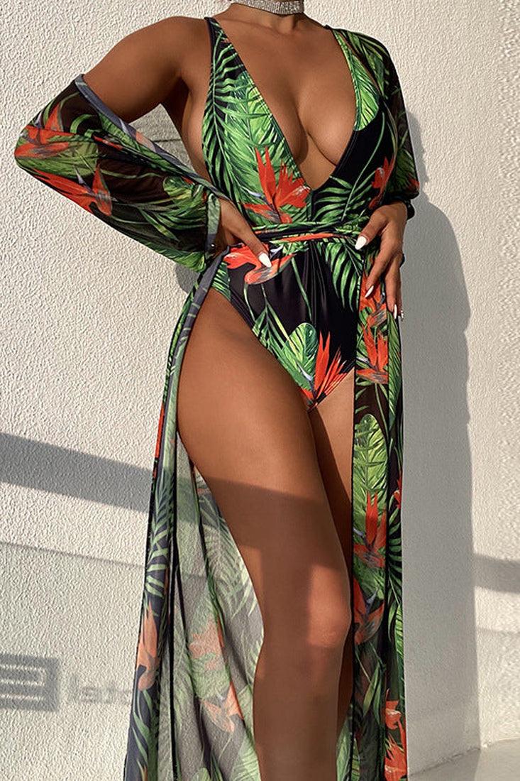 Green Red Tropical Print Two Piece Monokini Swim & Cover-up Set