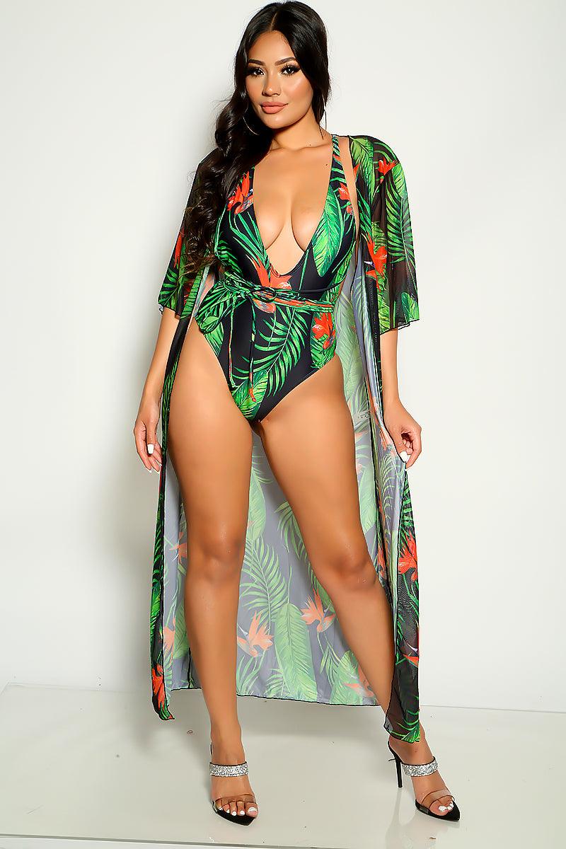 Green Red Tropical Print Two Piece Monokini Swim & Cover-up Set