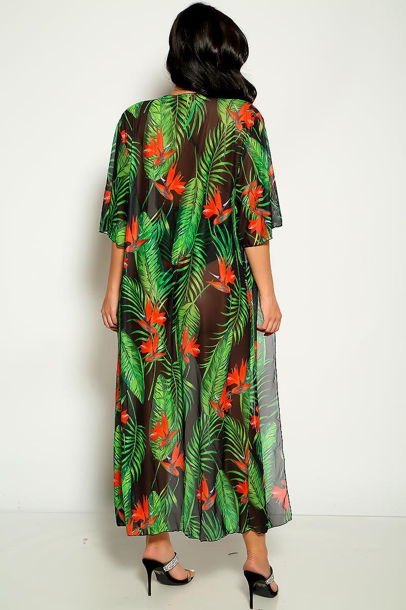 Green Red Tropical Print Two Piece Monokini Swim & Cover-up Set